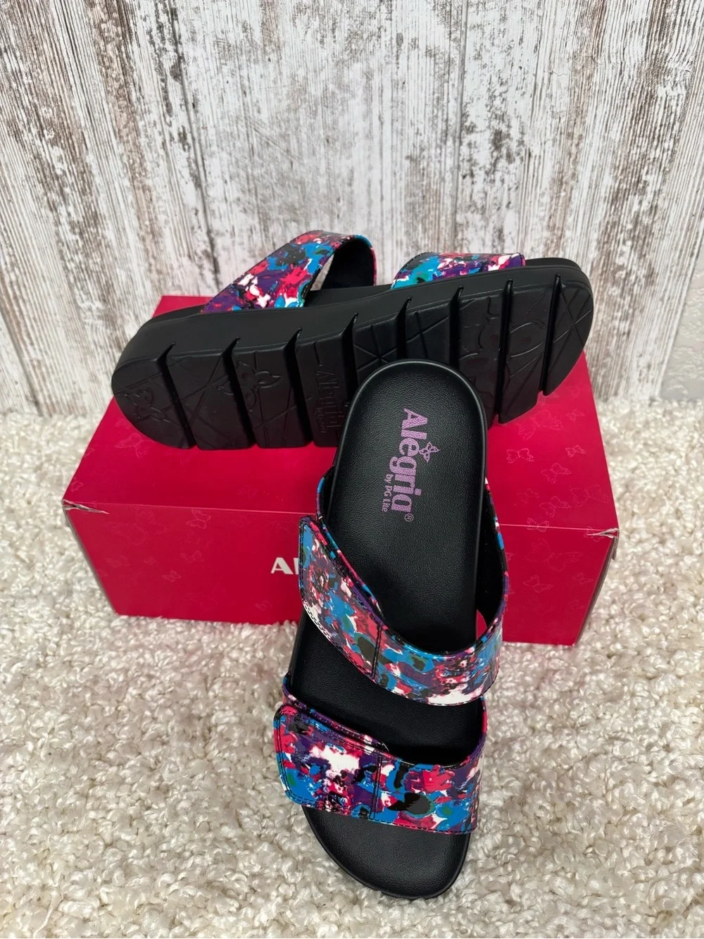 Alegria Women’s Pink Blue Multicolor Abstract Slide Sandals